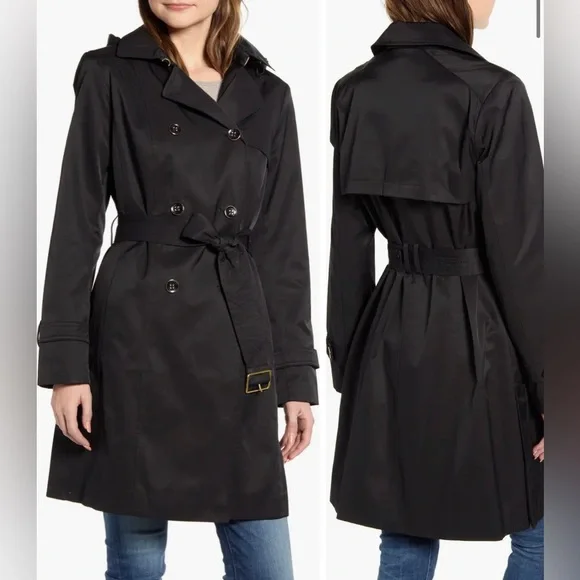 Cole Haan Black Trench Coat with Detachable Hood - Picture 1 of 9